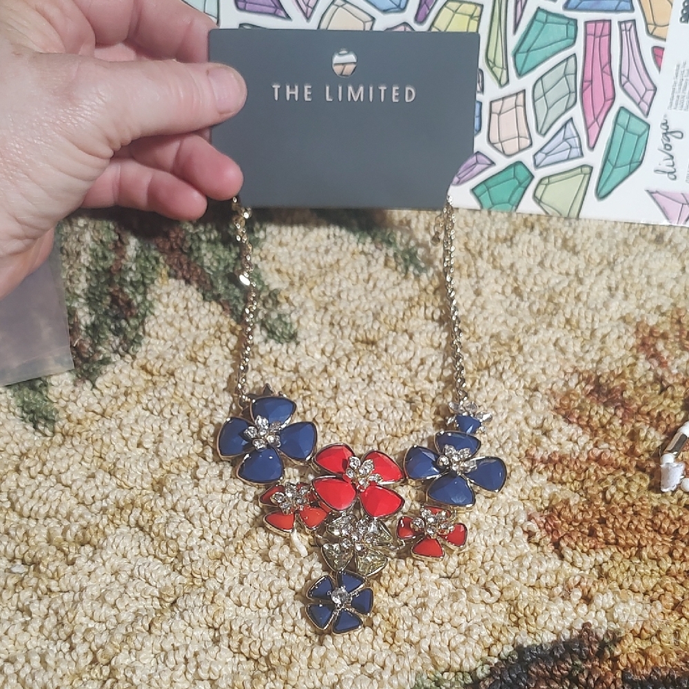 The Limited Gold Necklace with Blue and Red Floral Accents NIT